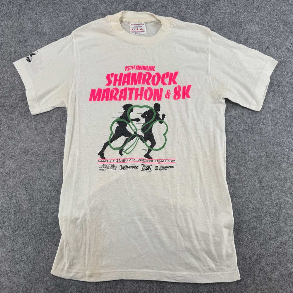 Unbranded T-Shirt Mens Medium 1987 Shamrock Marathon Ivory Single Stitch GOOD